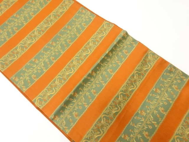 JAPANESE KIMONO / ANTIQUE FUKURO OBI / SILK / CHIKUZEN HAKATA / WOVEN STRIPE & FLORAL PLANTS